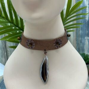 ⭐️Adorned Crown Jewelry steampunk leather choker hear tigers eye druzy necklace